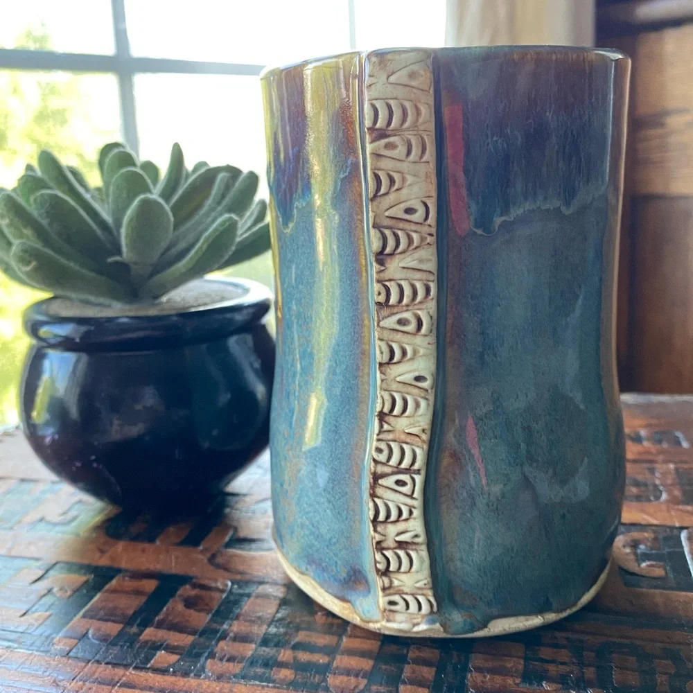 Studio Pottery Blue Daisy Vase Crock EUC